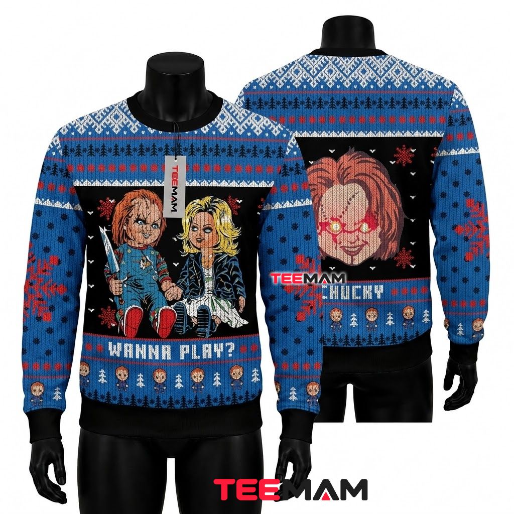 Chucky Ugly Halloween Sweater Wanna Play Bride Front