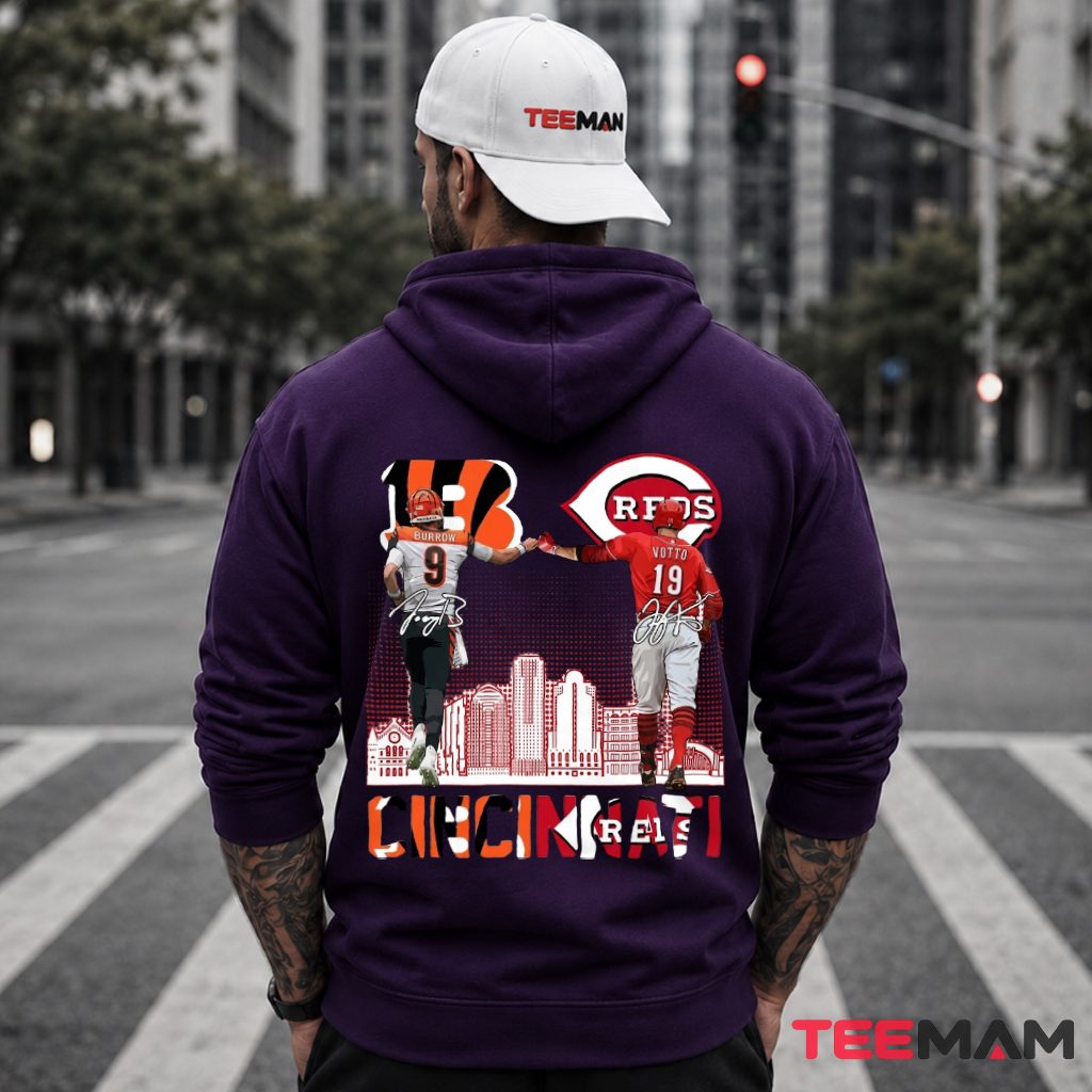 Cincinnati Bengals Reds Burrow Votto Skyline Hoodie Cincinnati Bengals Reds Burrow Votto Skyline Hoodie