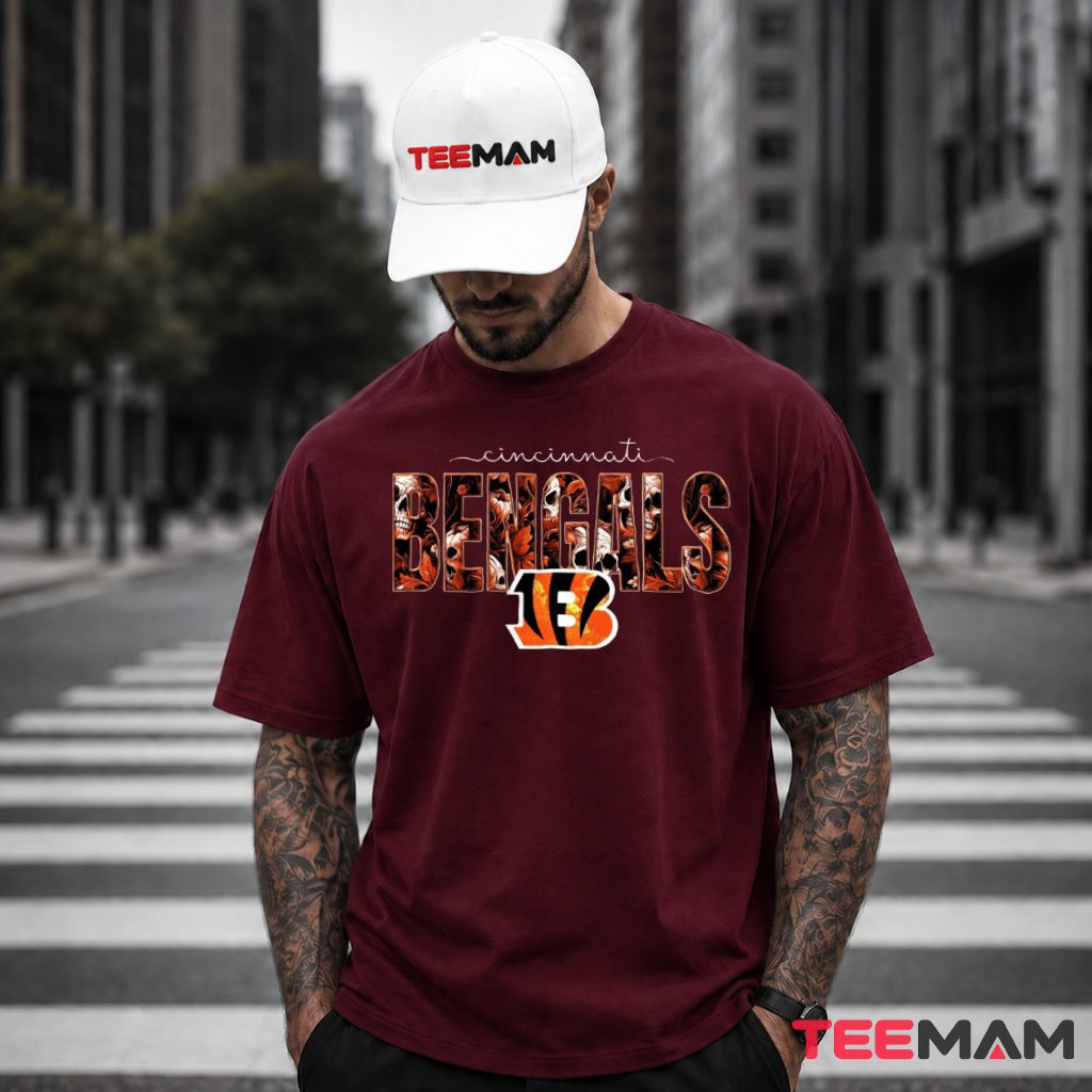Cincinnati Bengals Skull Floral Halloween T-Shirt