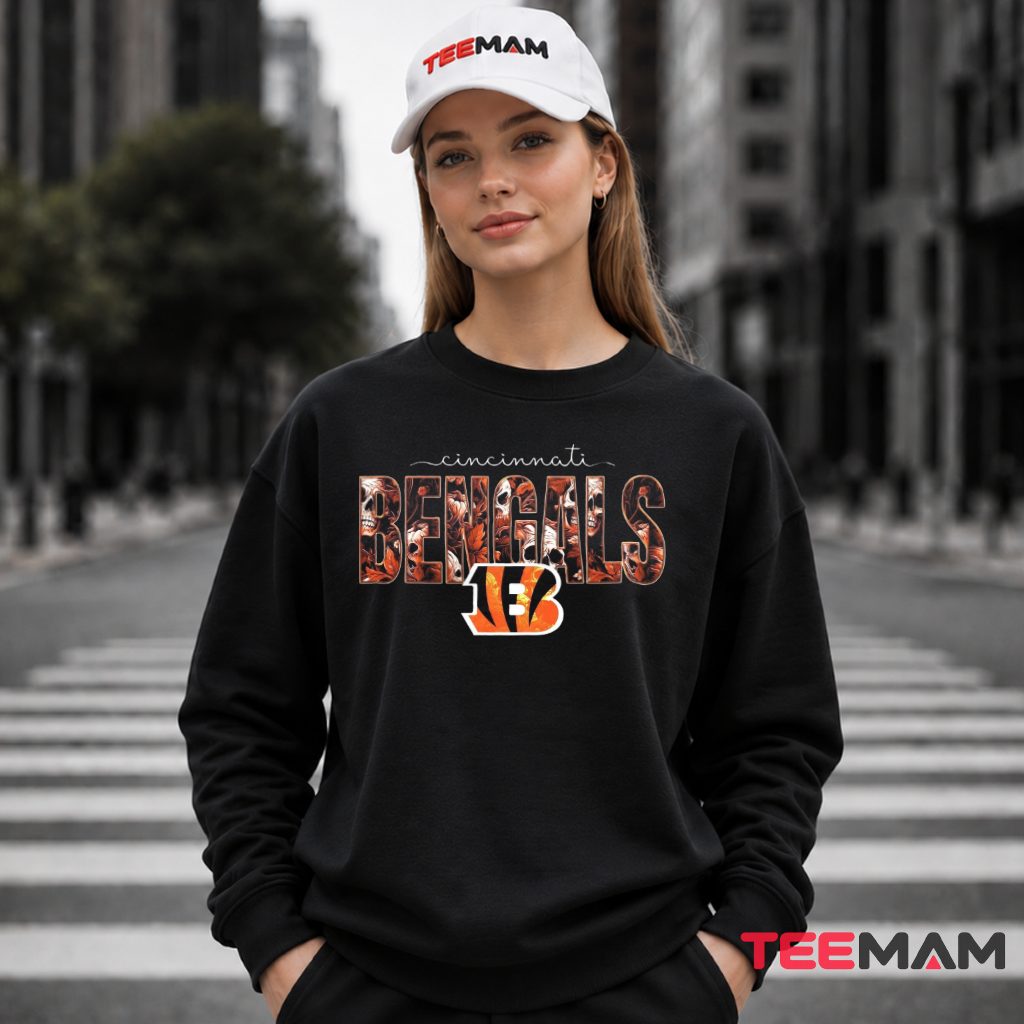 Cincinnati Bengals Skull Floral Halloween Long Sleeve Cincinnati Bengals Skull Floral Halloween Long Sleeve