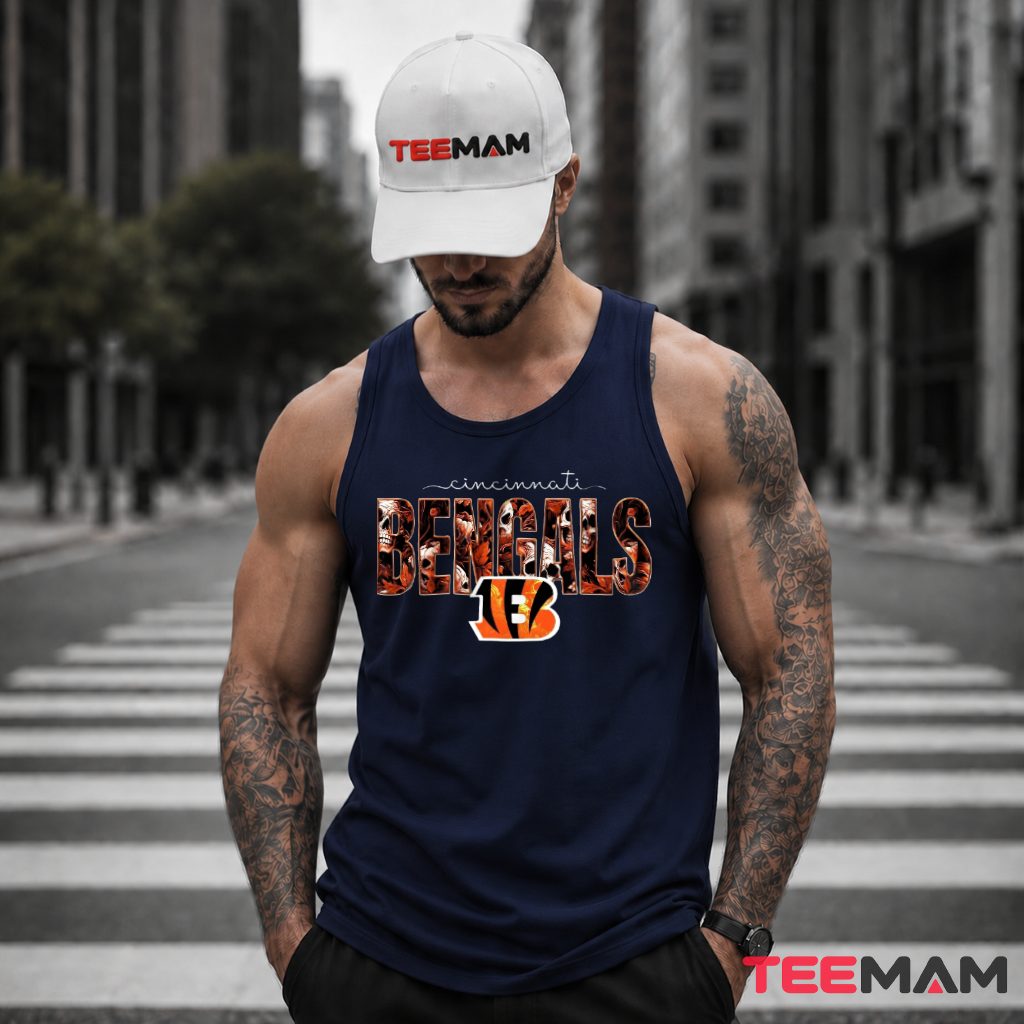 Cincinnati Bengals Skull Floral Halloween Tank Top Cincinnati Bengals Skull Floral Halloween Tank Top