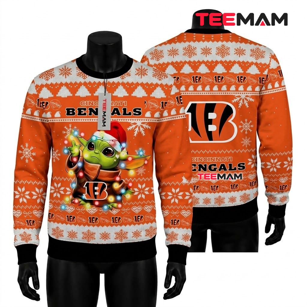 Cincinnati Bengals Ugly Christmas Sweater Baby Yoda Santa Hat Front