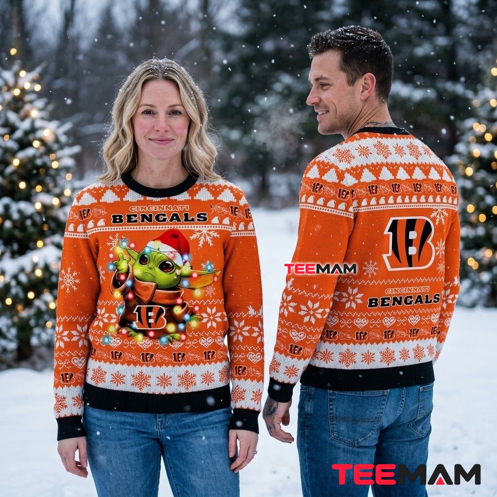 Cincinnati Bengals Ugly Christmas Sweater Baby Yoda Santa Hat Back Cincinnati Bengals Ugly Christmas Sweater Baby Yoda Santa Hat Back