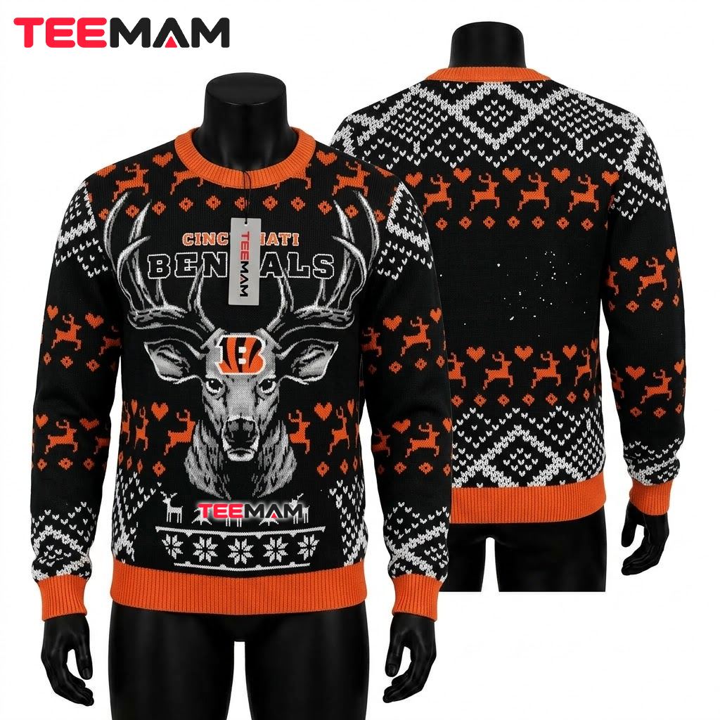 Cincinnati Bengals Ugly Christmas Sweater Deer Head Front