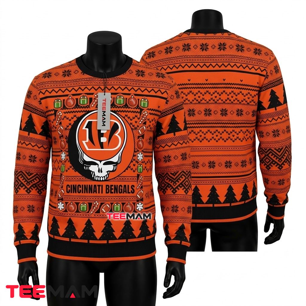 Cincinnati Bengals Ugly Christmas Sweater Grateful Dead Skull Front