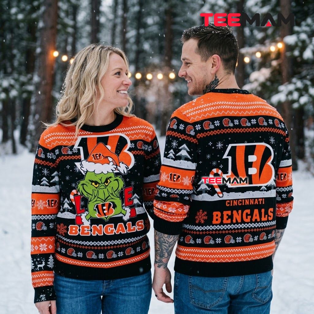 Cincinnati Bengals Ugly Christmas Sweater Grinch Santa Hat Love