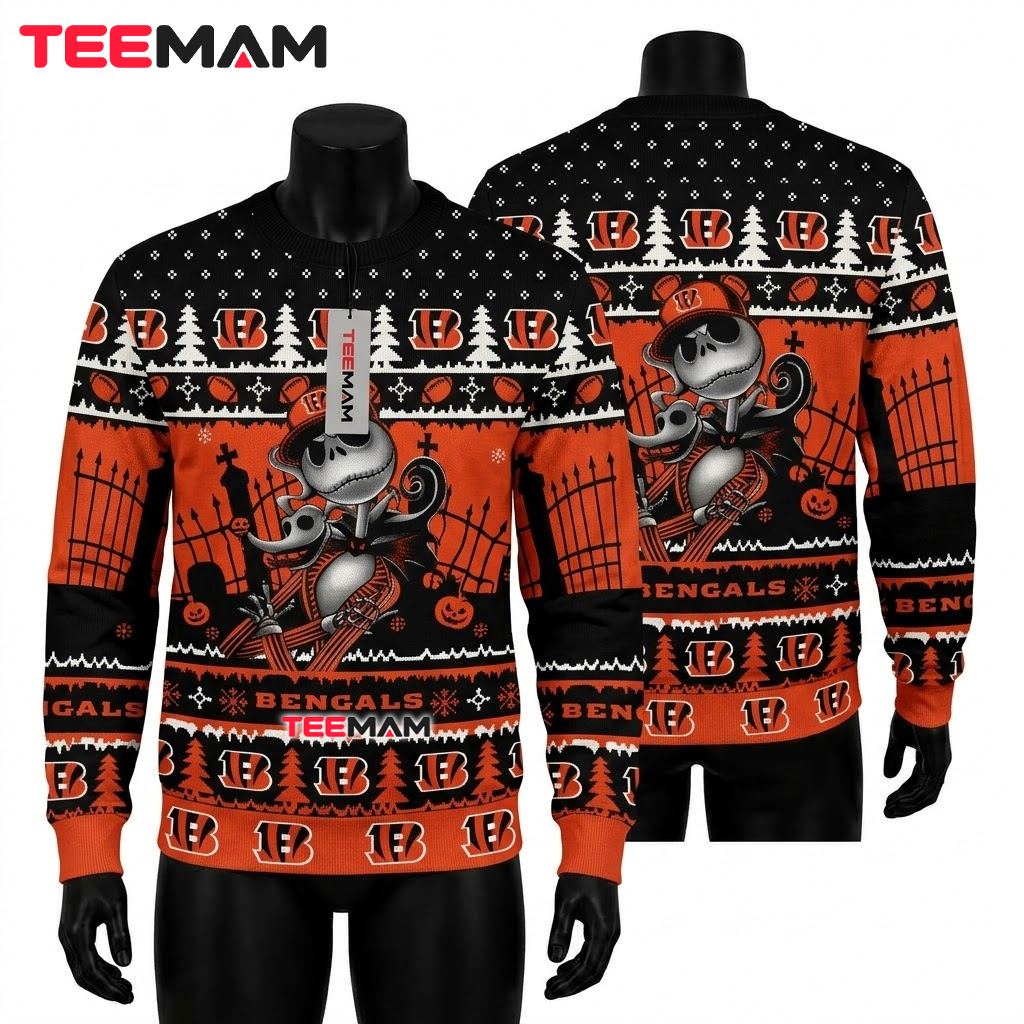 Cincinnati Bengals Ugly Christmas Sweater Jack Skellington Graveyard Front