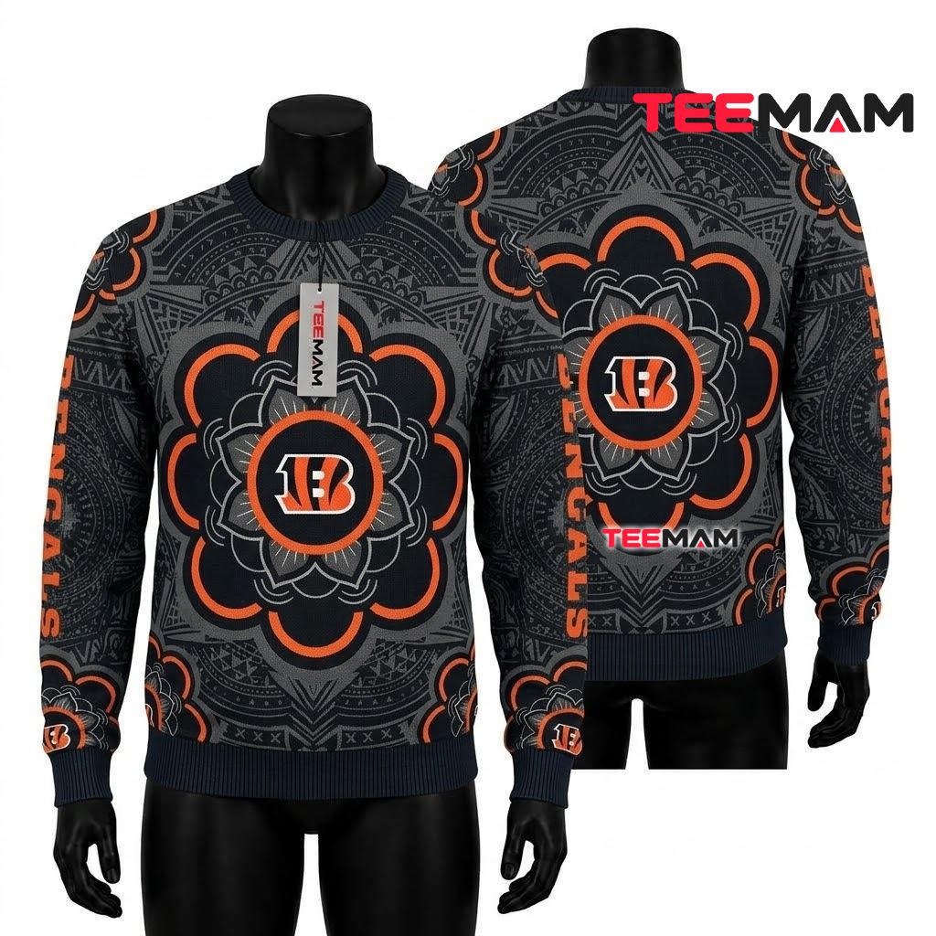 Cincinnati Bengals Ugly Christmas Sweater Mandala Flower Logo Front