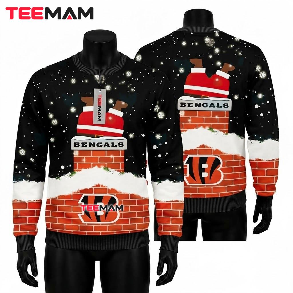 Cincinnati Bengals Ugly Christmas Sweater Santa Stuck In Chimney Front