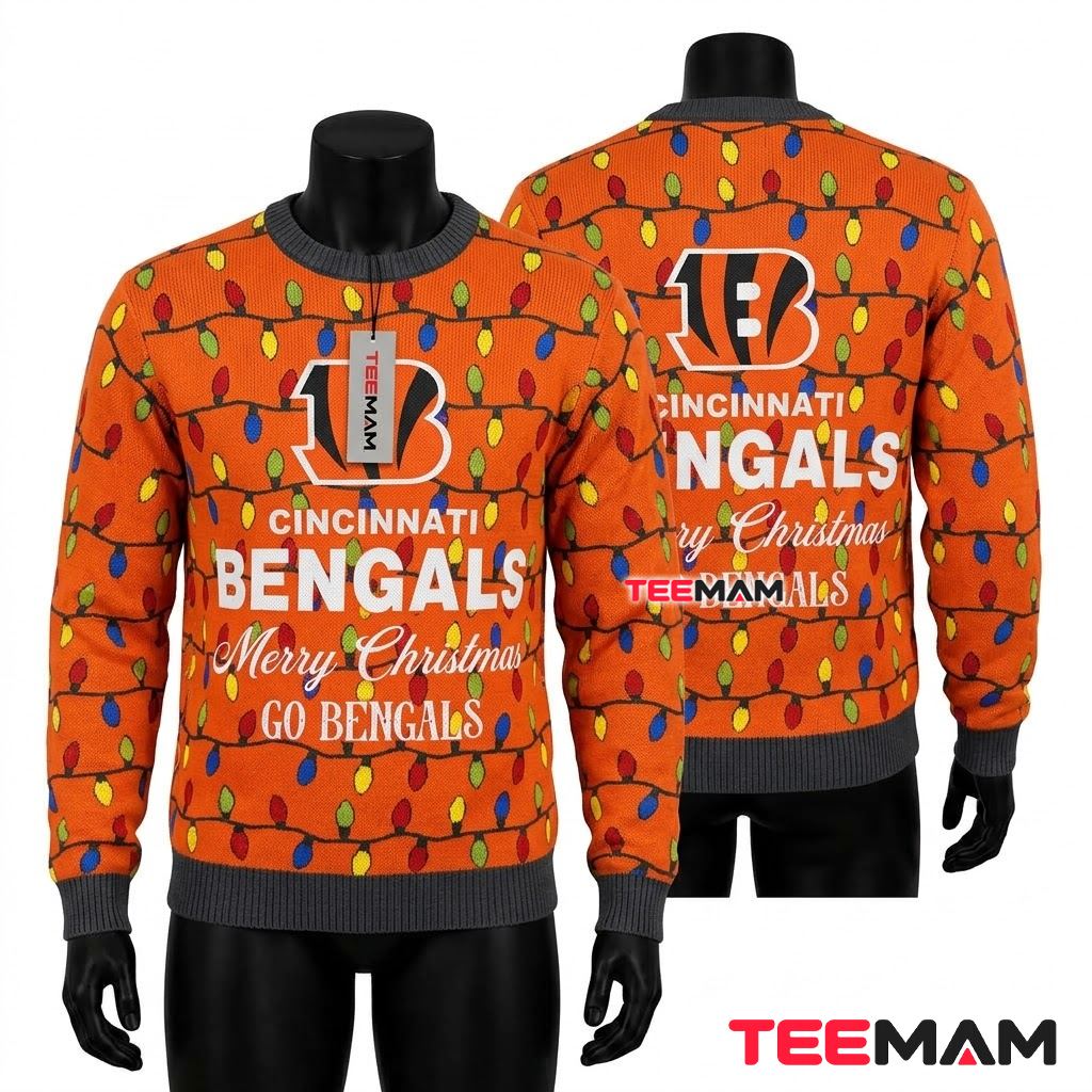 Cincinnati Bengals Ugly Christmas Sweater String Lights Front