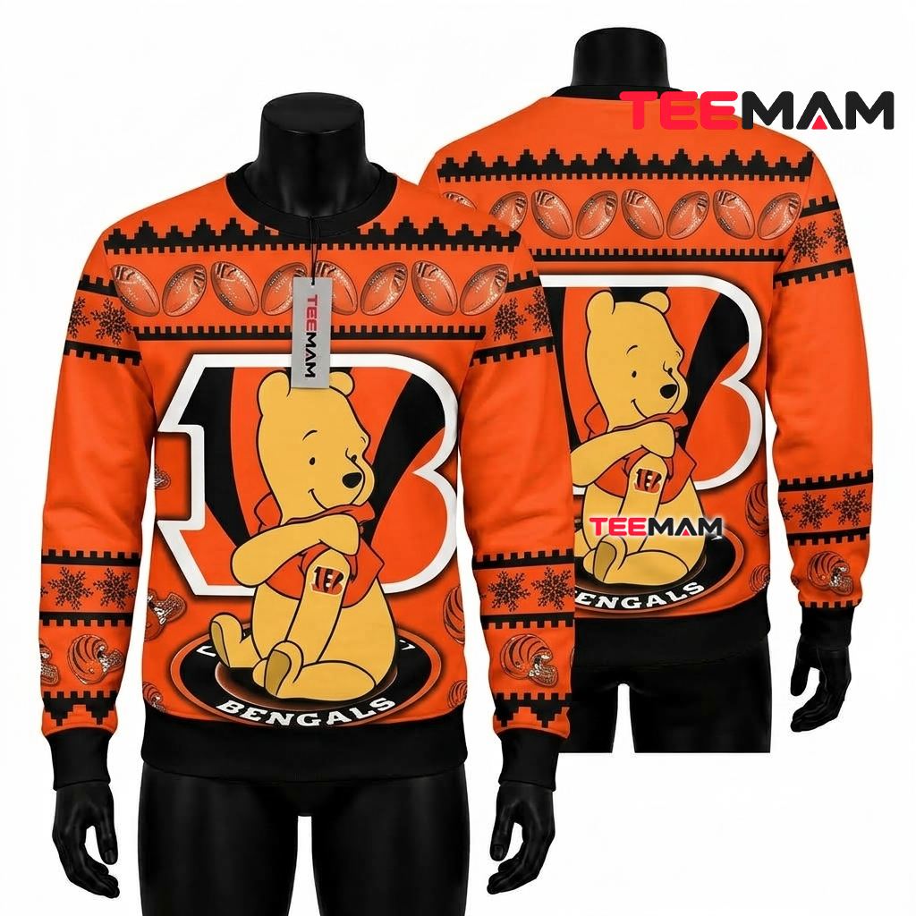 Cincinnati Bengals Ugly Christmas Sweater Winnie The Pooh Front
