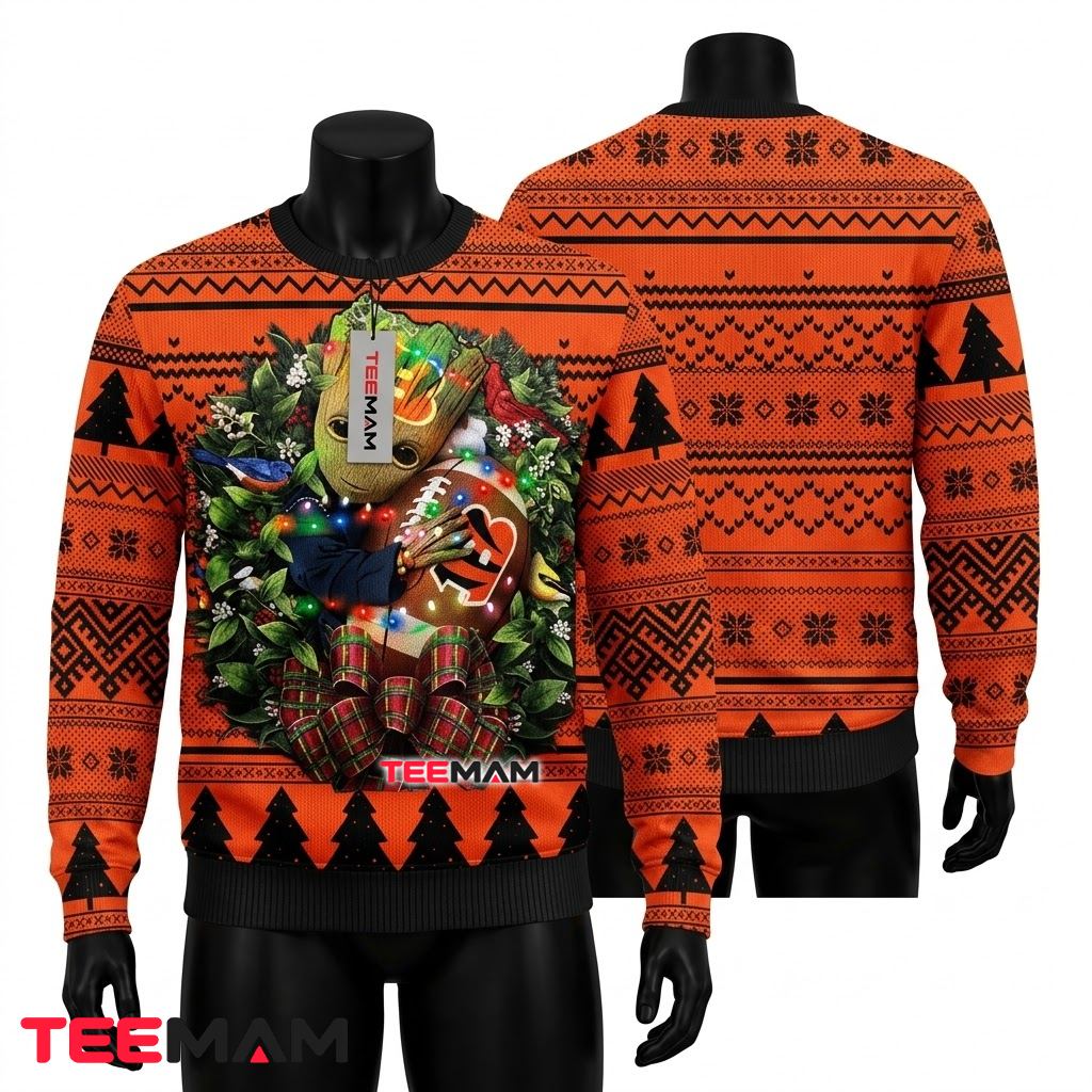 Cincinnati Bengals Ugly Sweater Christmas Baby Groot Football Wreath Front