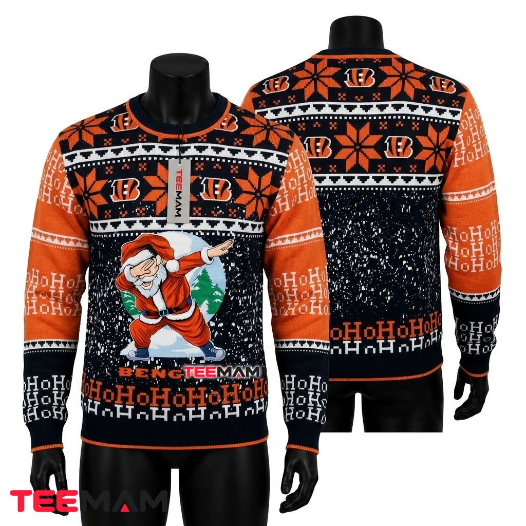 Cincinnati Bengals Ugly Sweater Christmas Dabbing Santa Ho Ho Ho Front