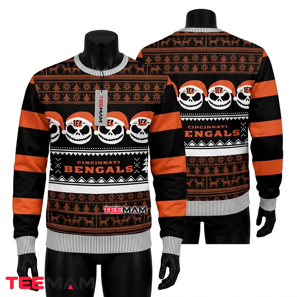 Cincinnati Bengals Ugly Sweater Christmas Jack Skellington Santa Hat Front