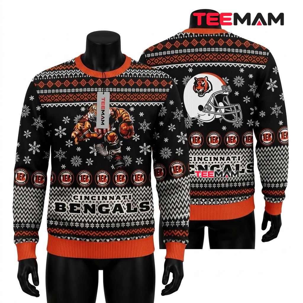 Cincinnati Bengals Ugly Sweater Christmas Mascot Helmet Front