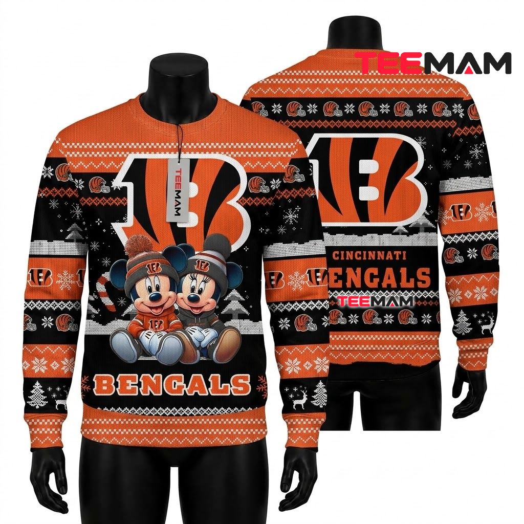 Cincinnati Bengals Ugly Sweater Christmas Mickey Minnie Mouse Front