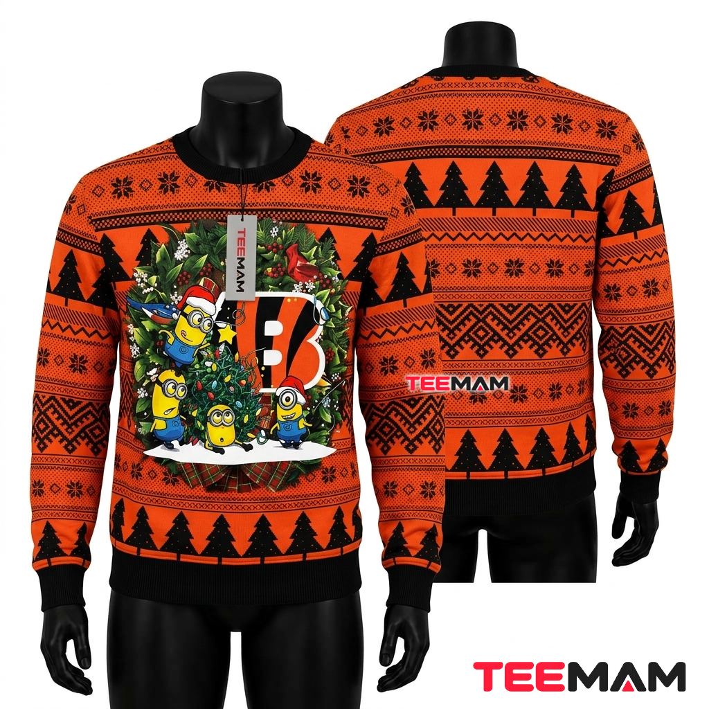 Cincinnati Bengals Ugly Sweater Christmas Minions Wreath Front