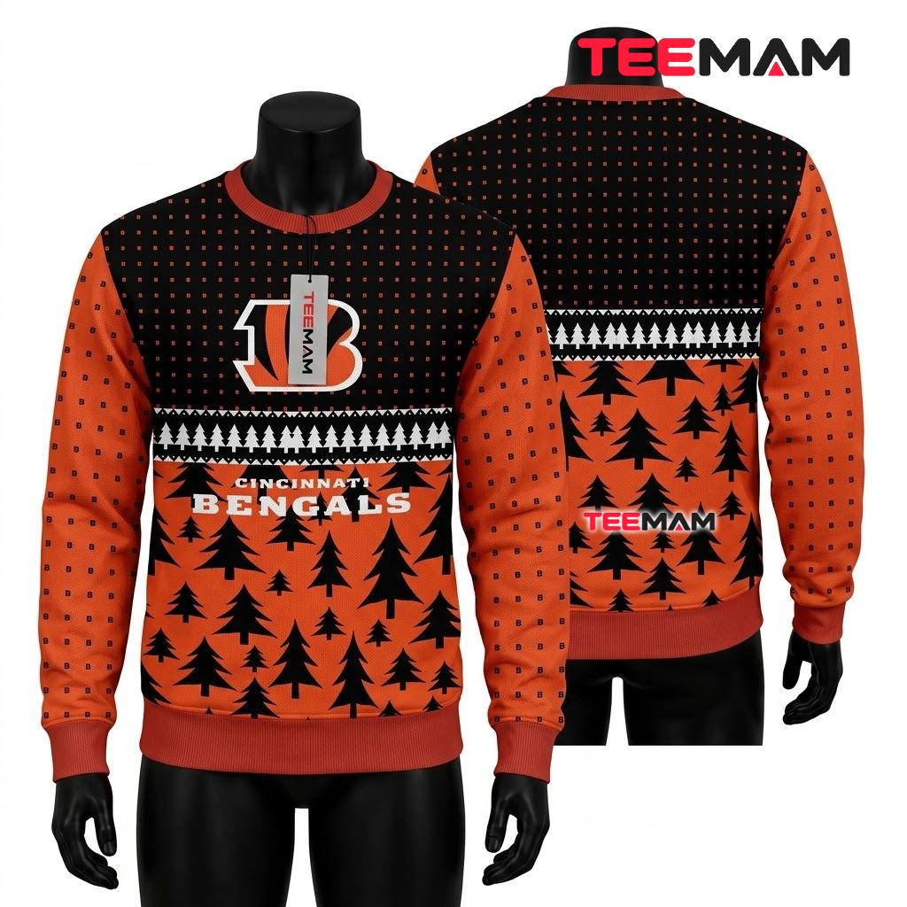 Cincinnati Bengals Ugly Sweater Christmas Pine Tree Forest Front
