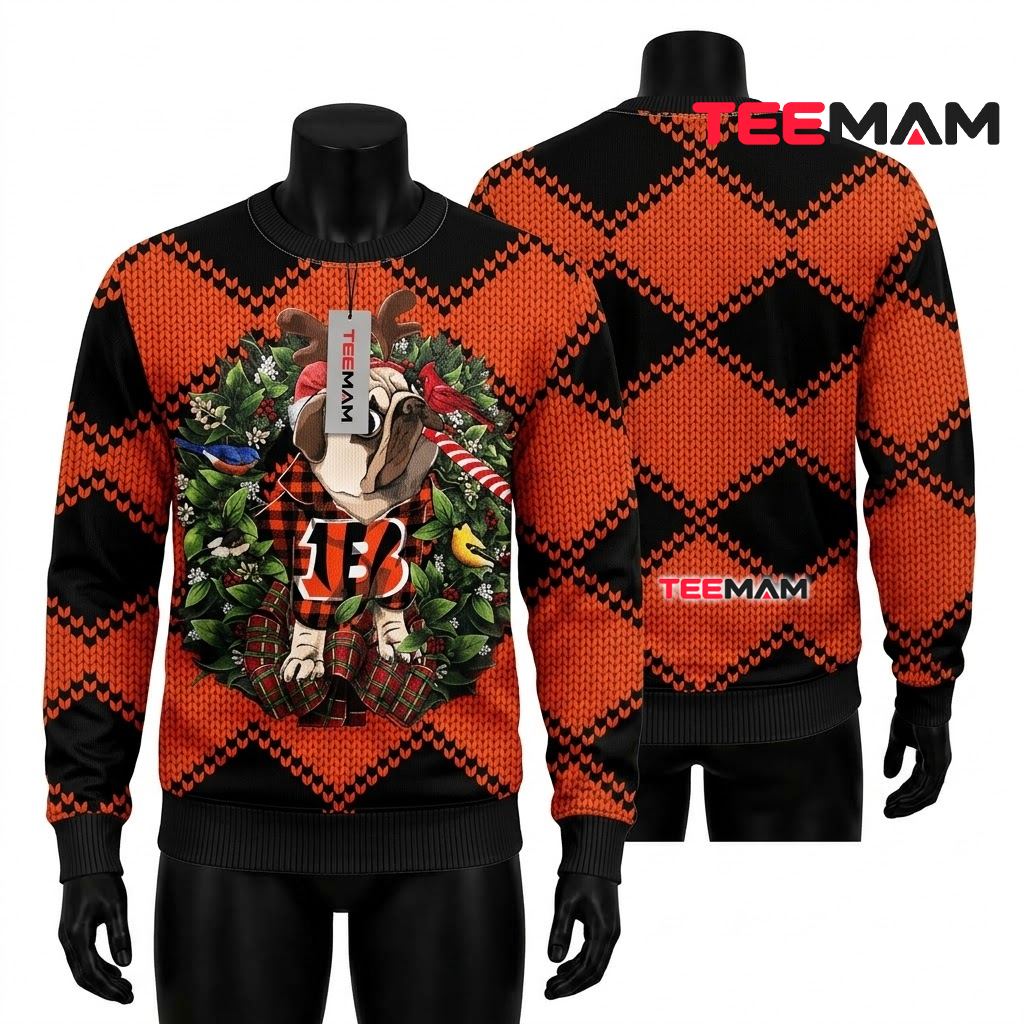 Cincinnati Bengals Ugly Sweater Christmas Pug Reindeer Wreath Front