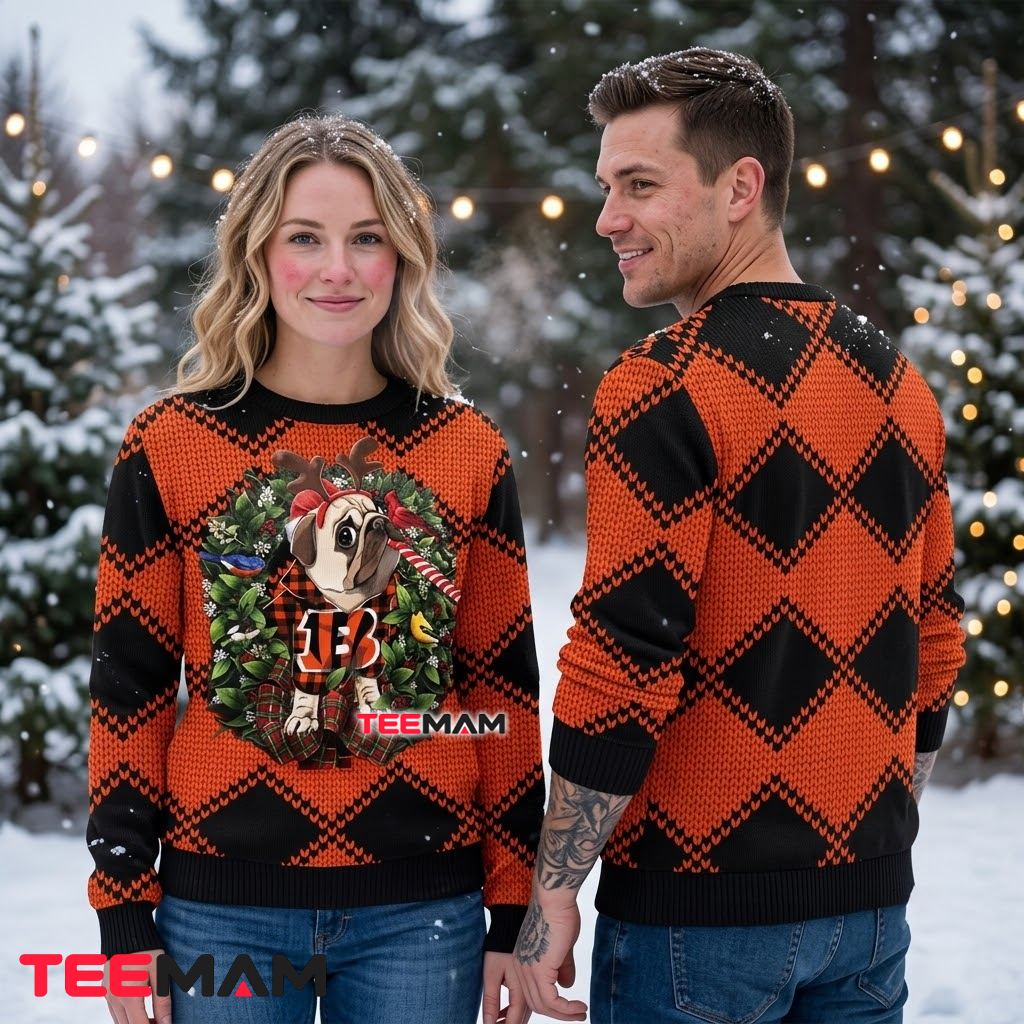 Cincinnati Bengals Ugly Sweater Christmas Pug Reindeer Wreath Back Cincinnati Bengals Ugly Sweater Christmas Pug Reindeer Wreath Back