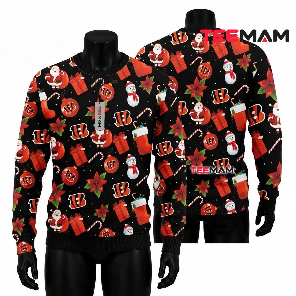 Cincinnati Bengals Ugly Sweater Christmas Santa Snowman Pattern Front
