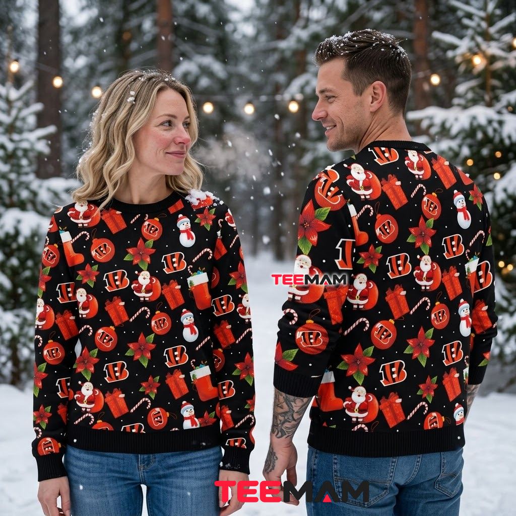 Cincinnati Bengals Ugly Sweater Christmas Santa Snowman Pattern Back Cincinnati Bengals Ugly Sweater Christmas Santa Snowman Pattern Back