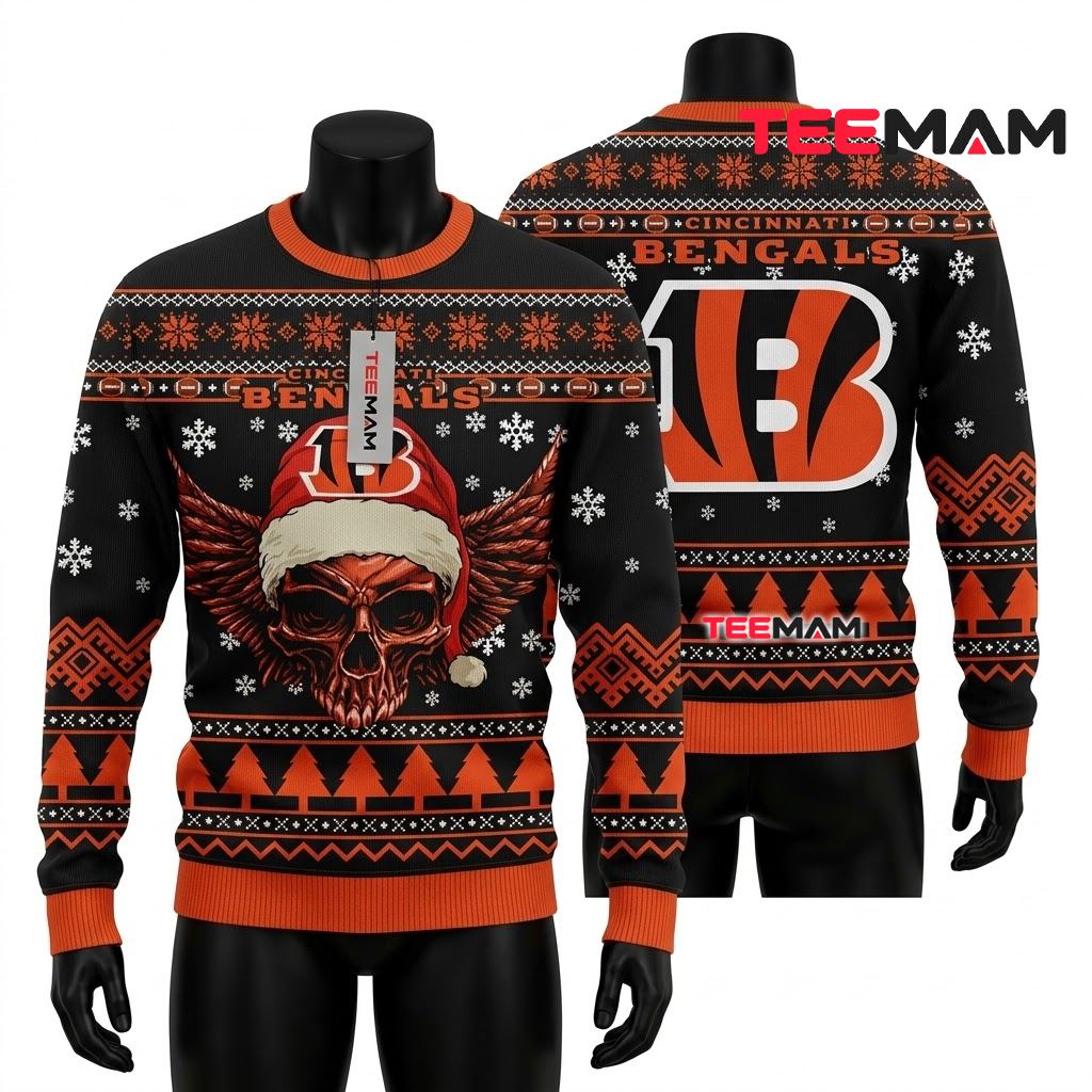 Cincinnati Bengals Ugly Sweater Christmas Skull Wings Santa Hat Front