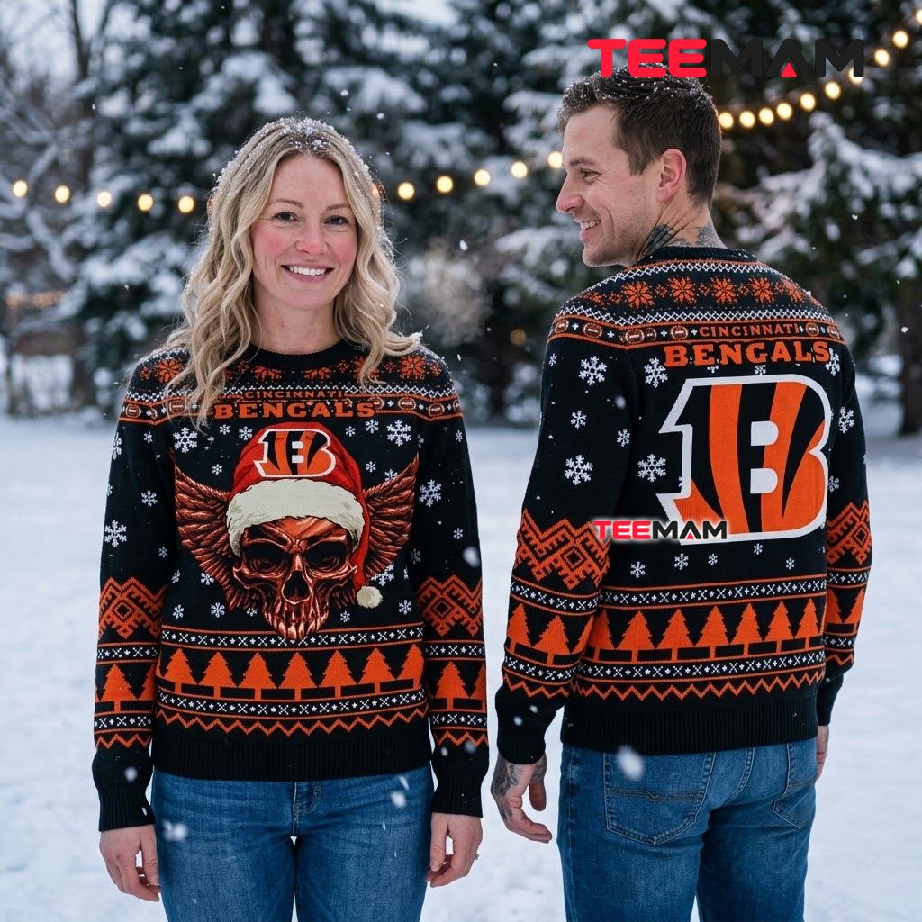 Cincinnati Bengals Ugly Sweater Christmas Skull Wings Santa Hat Back Cincinnati Bengals Ugly Sweater Christmas Skull Wings Santa Hat Back