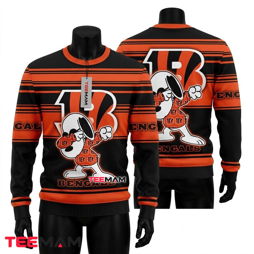 Cincinnati Bengals Ugly Sweater Christmas Snoopy Dabbing Front