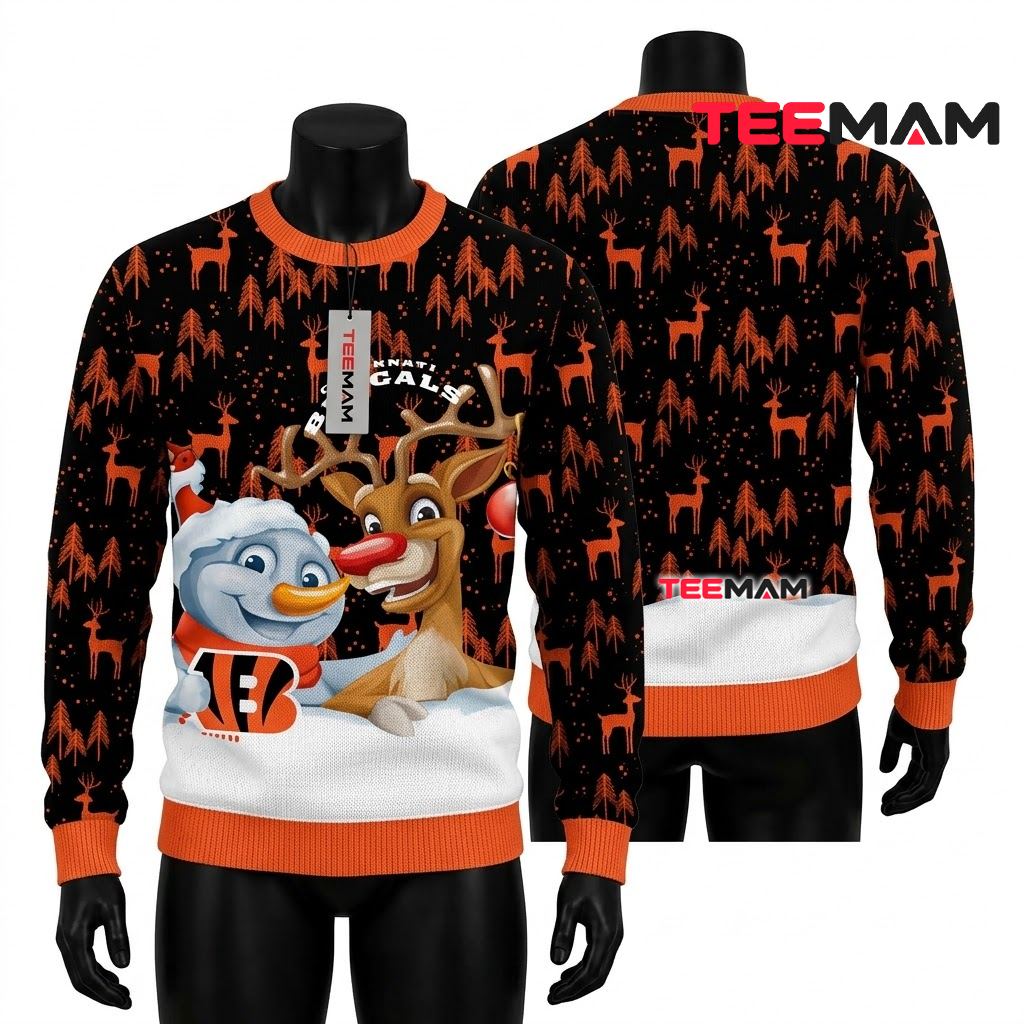 Cincinnati Bengals Ugly Sweater Christmas Snowman Rudolph Reindeer Front