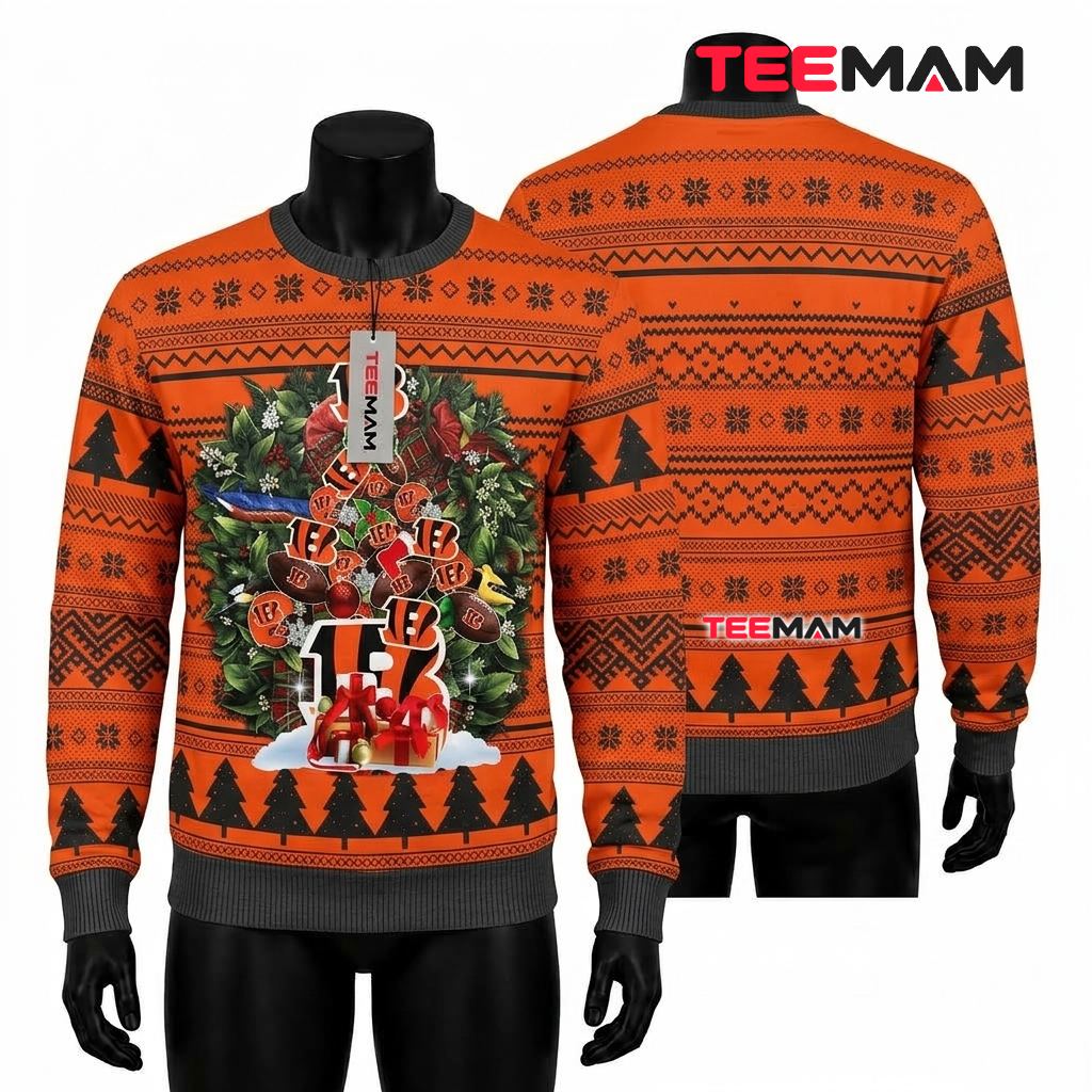 Cincinnati Bengals Ugly Sweater Christmas Wreath Tree Gifts Front