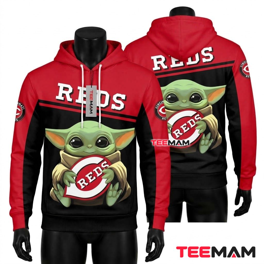Cincinnati Reds 3D Hoodie Baby Yoda Hugging Logo Front