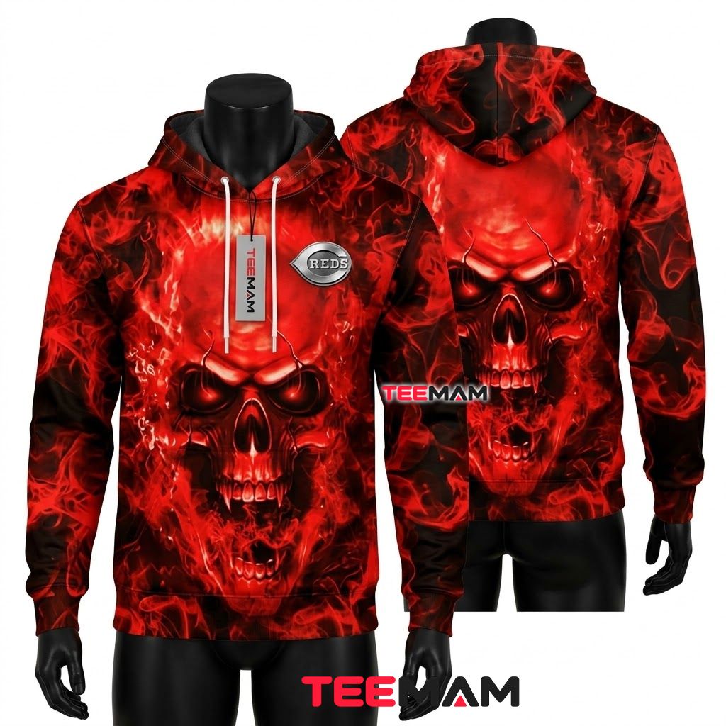 Cincinnati Reds 3D Hoodie Fire Skull Red Smoke Front