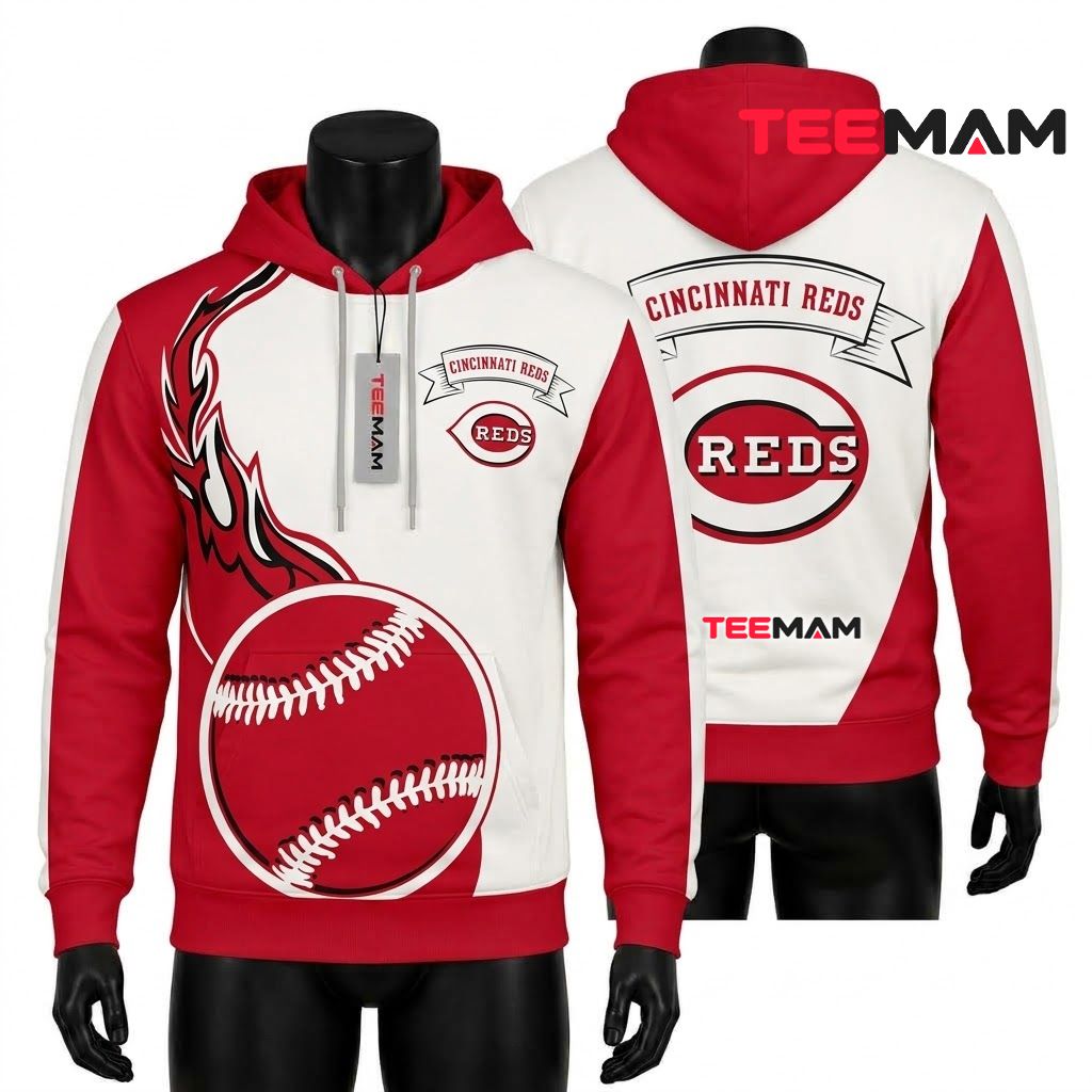 Cincinnati Reds 3D Hoodie Flame Baseball Banner Front