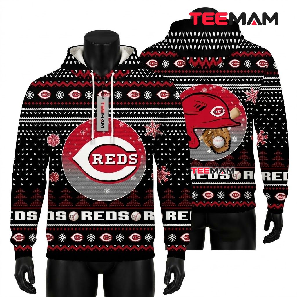 Cincinnati Reds 3D Hoodie Helmet Baseball Snowflake Front