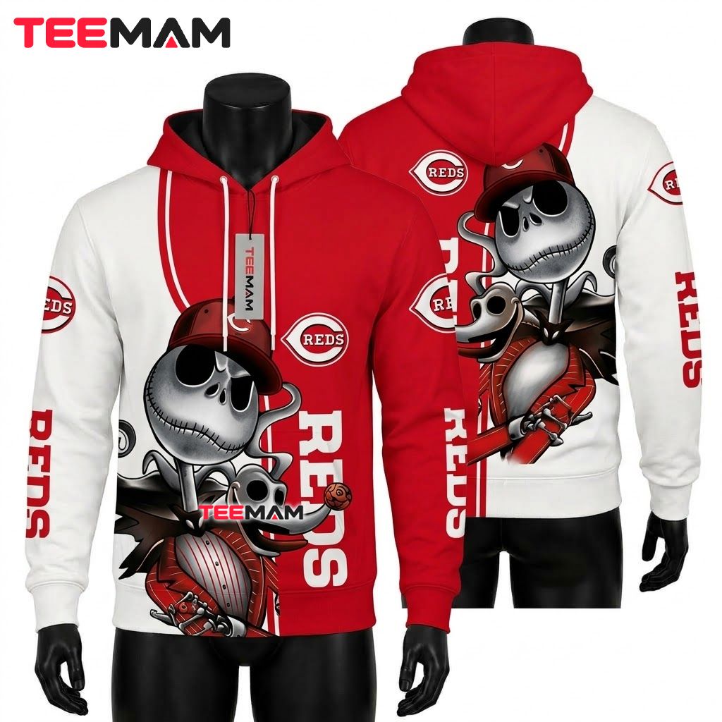 Cincinnati Reds 3D Hoodie Jack Skellington Baseball Bat Front