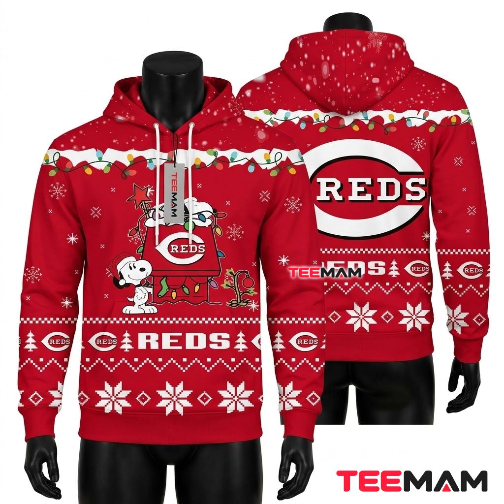 Cincinnati Reds 3D Hoodie Snoopy Christmas Lights Front