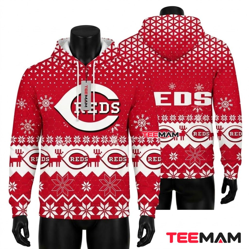 Cincinnati Reds 3D Hoodie Snowflake Reindeer Front