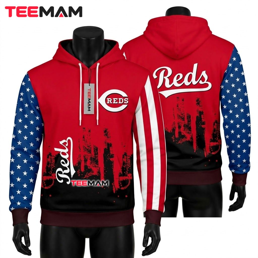 Cincinnati Reds All Over Print 3D Hoodie American Flag Skyline Front