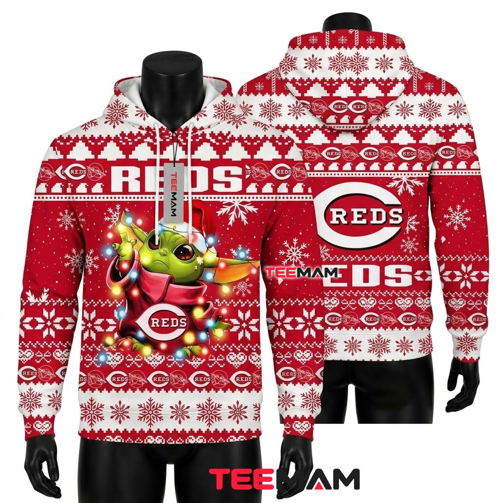 Cincinnati Reds All Over Print 3D Hoodie Baby Yoda Christmas Lights Front