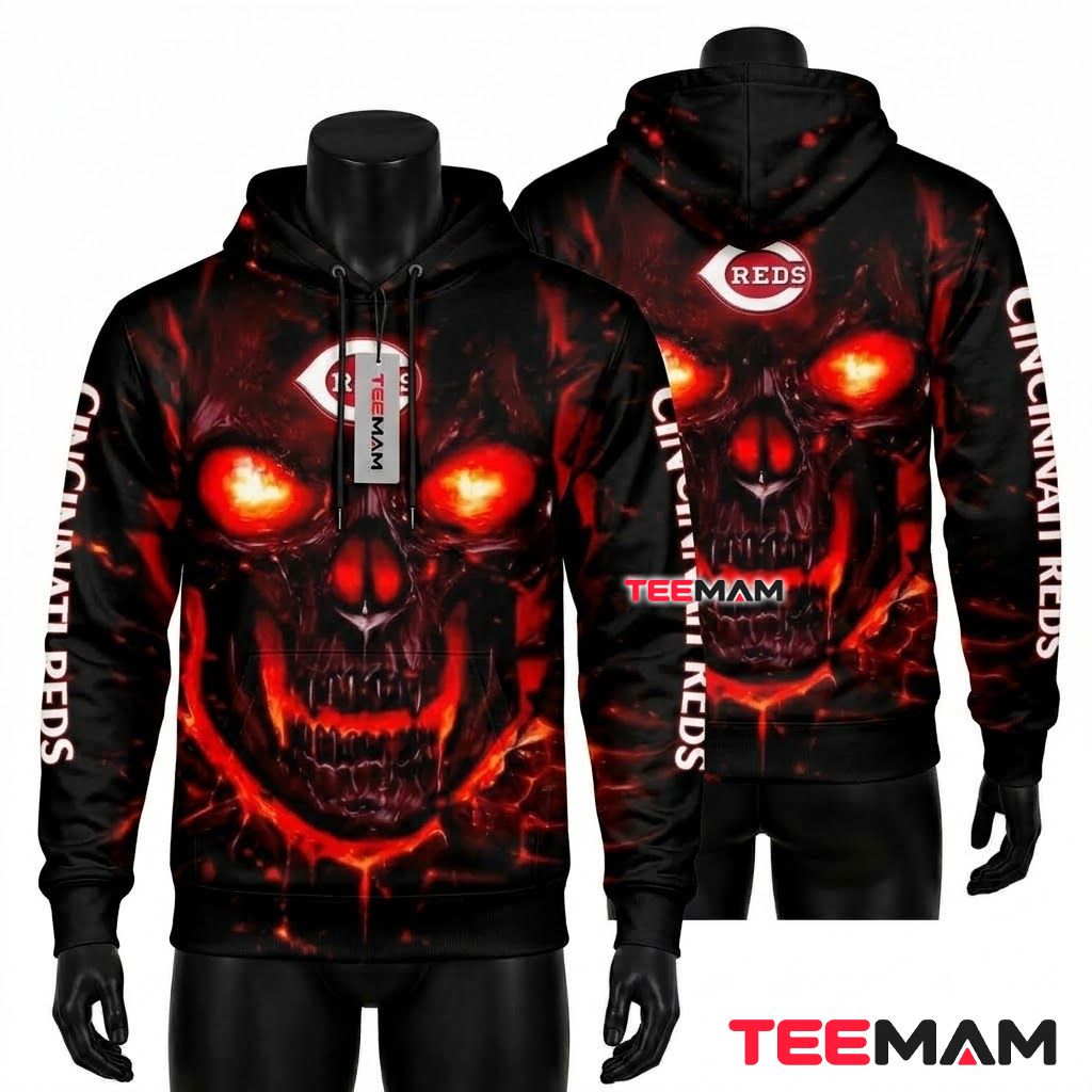 Cincinnati Reds All Over Print 3D Hoodie Fire Skull Front