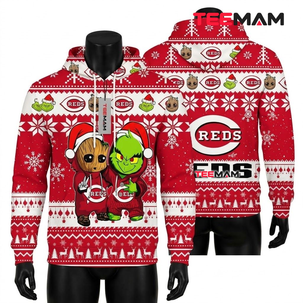Cincinnati Reds All Over Print 3D Hoodie Grinch Groot Christmas Front