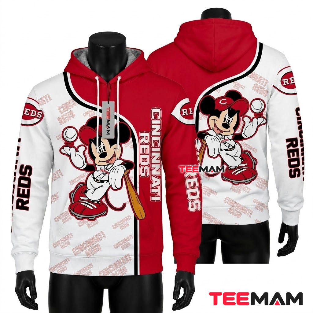 Cincinnati Reds All Over Print 3D Hoodie Mickey Mouse Baseball Player Front