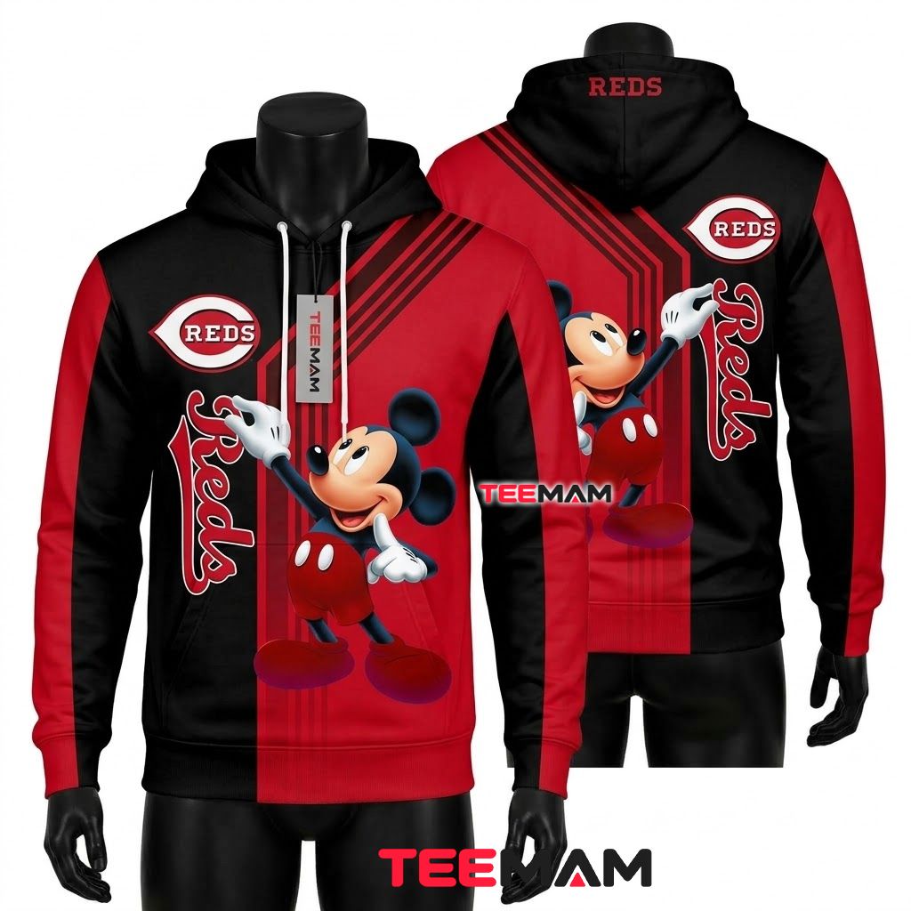 Cincinnati Reds All Over Print 3D Hoodie Mickey Mouse Pointing Front