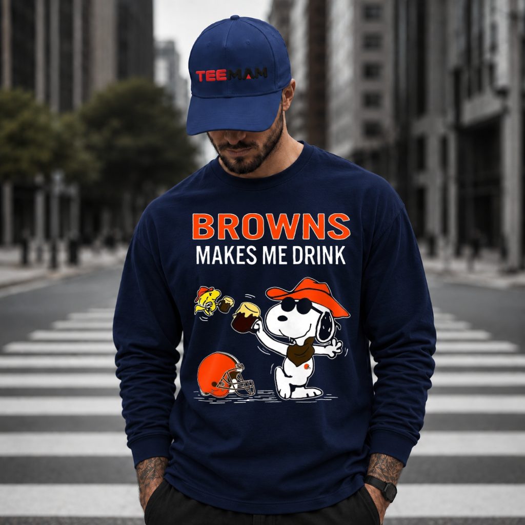 Cleveland Browns Snoopy Drinking Buddy Long Sleeve Cleveland Browns Snoopy Drinking Buddy Long Sleeve