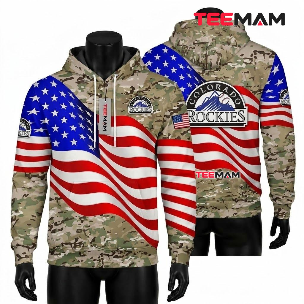Colorado Rockies 3D Hoodie American Flag Camo Front