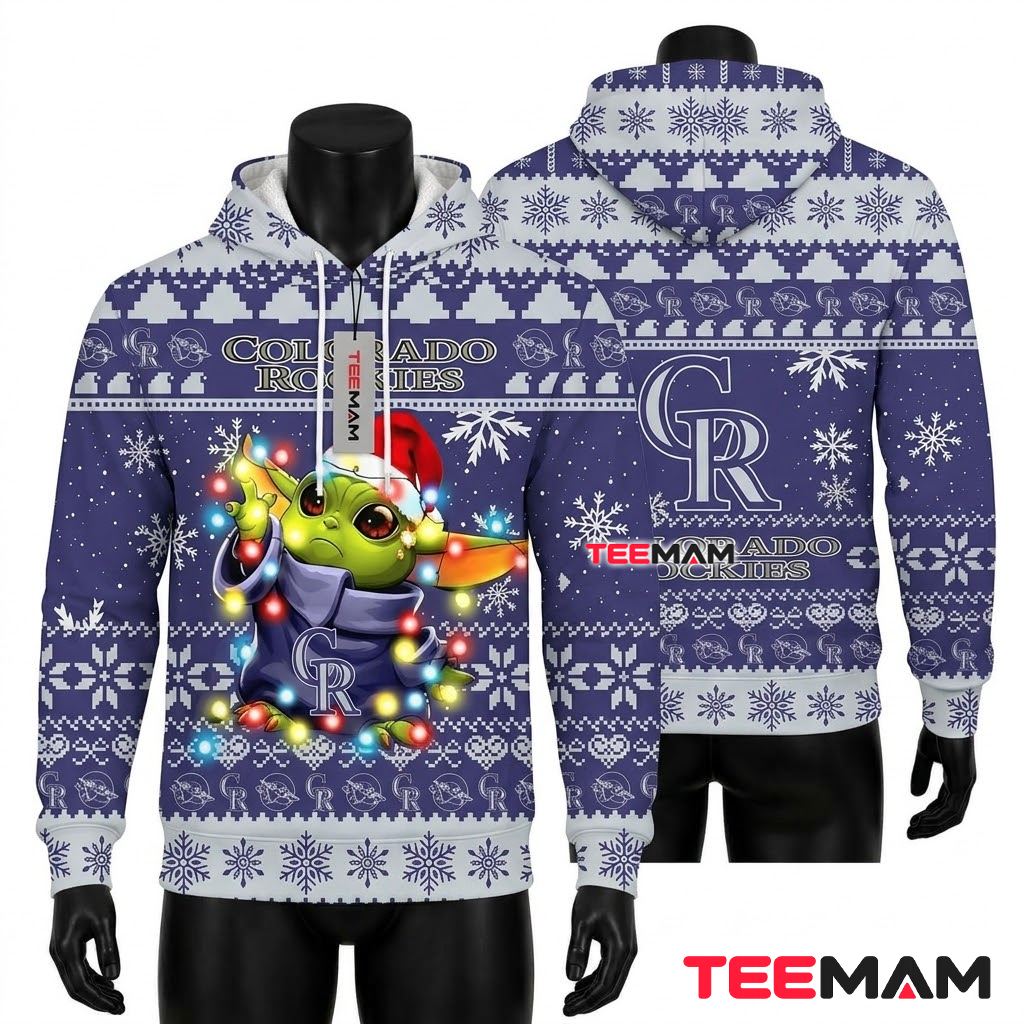 Colorado Rockies 3D Hoodie Baby Yoda Christmas Lights Front