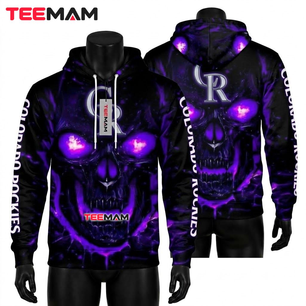 Colorado Rockies 3D Hoodie Purple Flame Skull Front