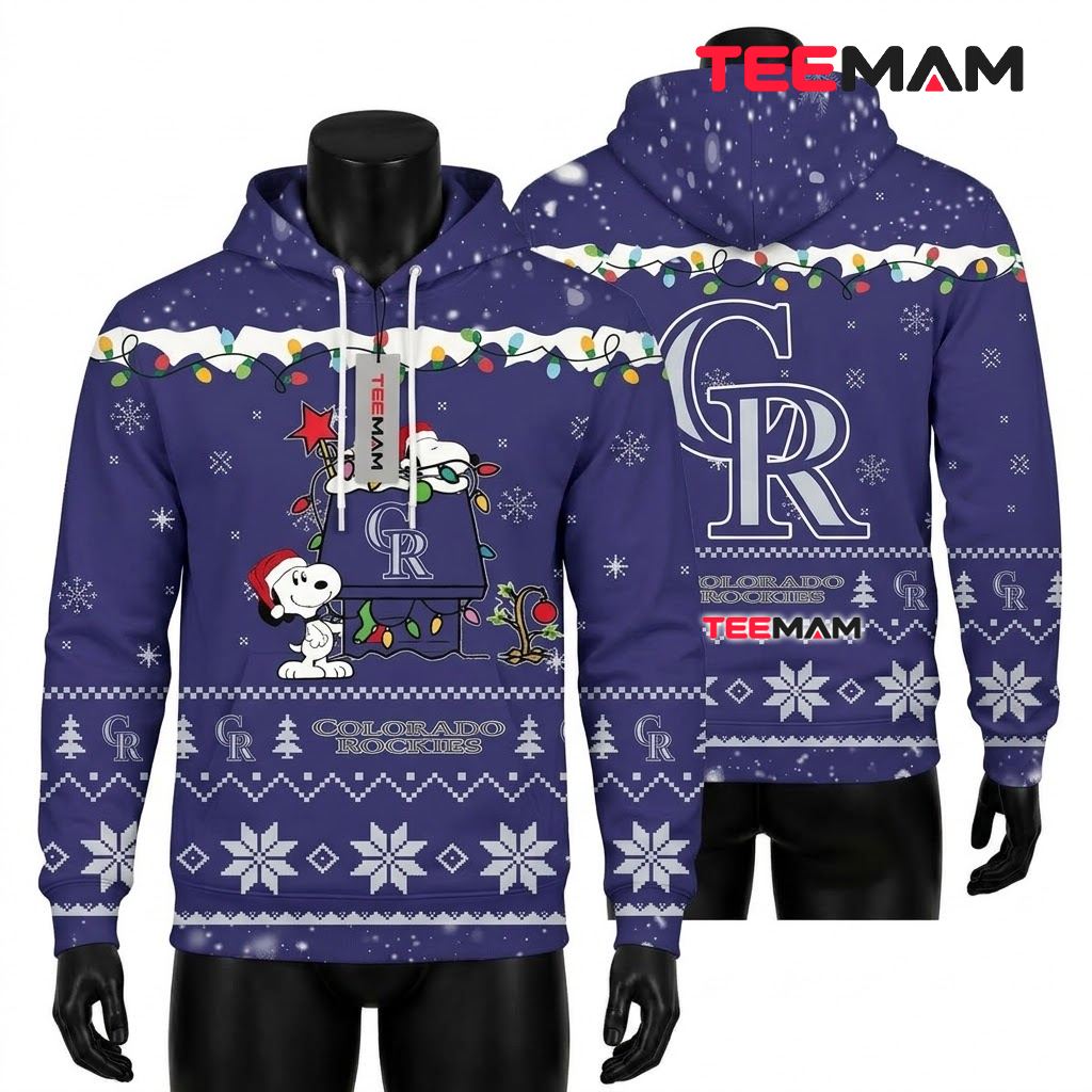 Colorado Rockies 3D Hoodie Snoopy Christmas Lights Doghouse Front