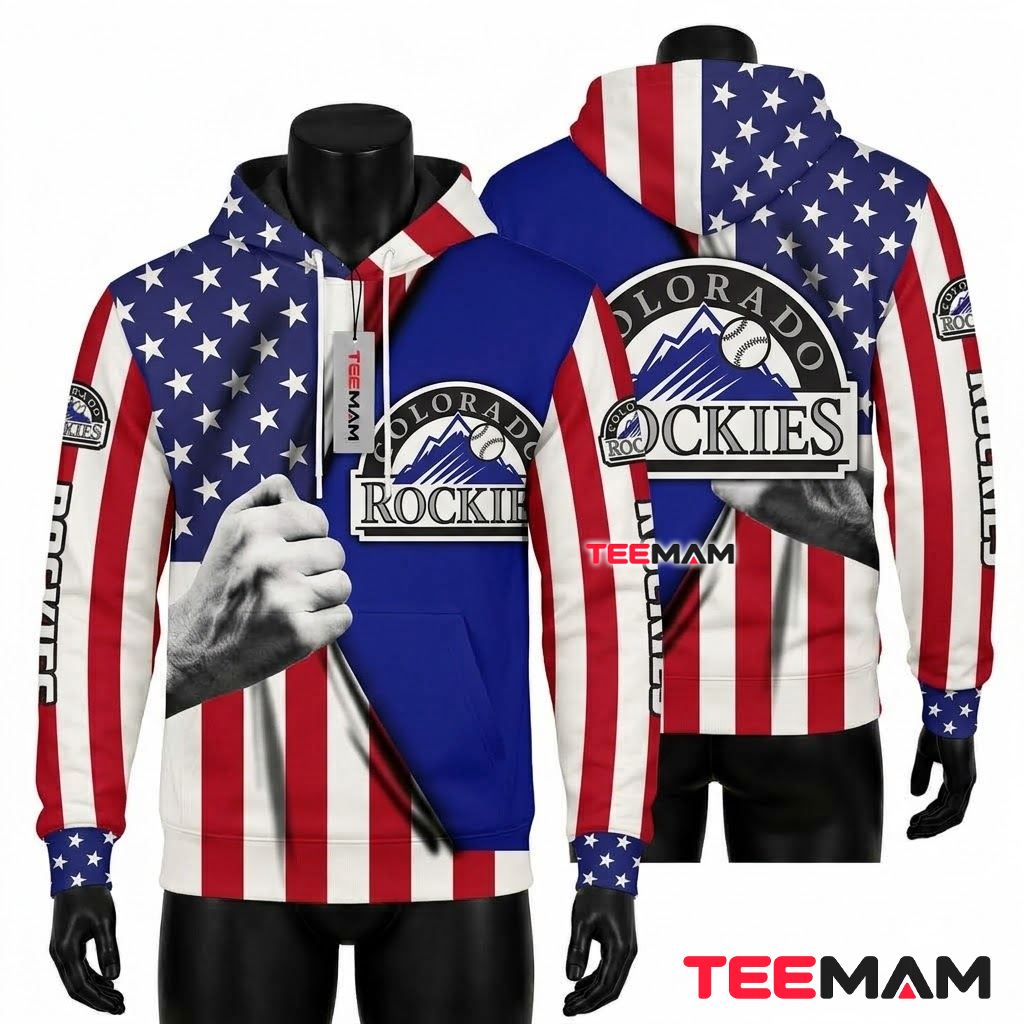 Colorado Rockies All Over Print 3D Hoodie American Flag Ripped Reveal Front